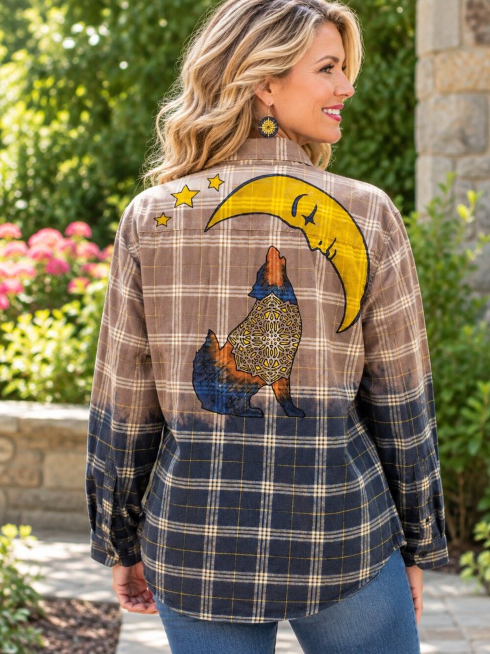 Upcycled Hand Painted Wolf and Moon Shirt - Bleached Blue Brown L